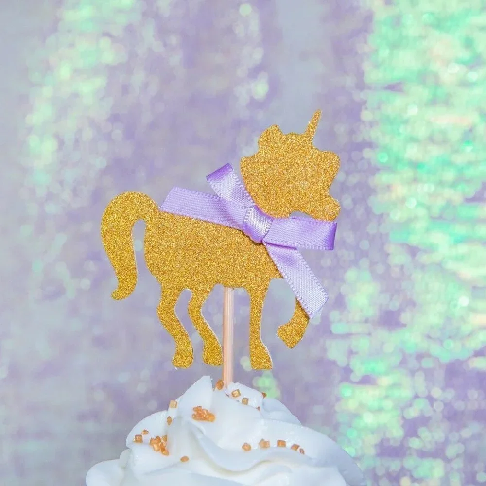 🌺 Gold Unicorn Cupcake Toppers & Classic Happy Birthday Banner
